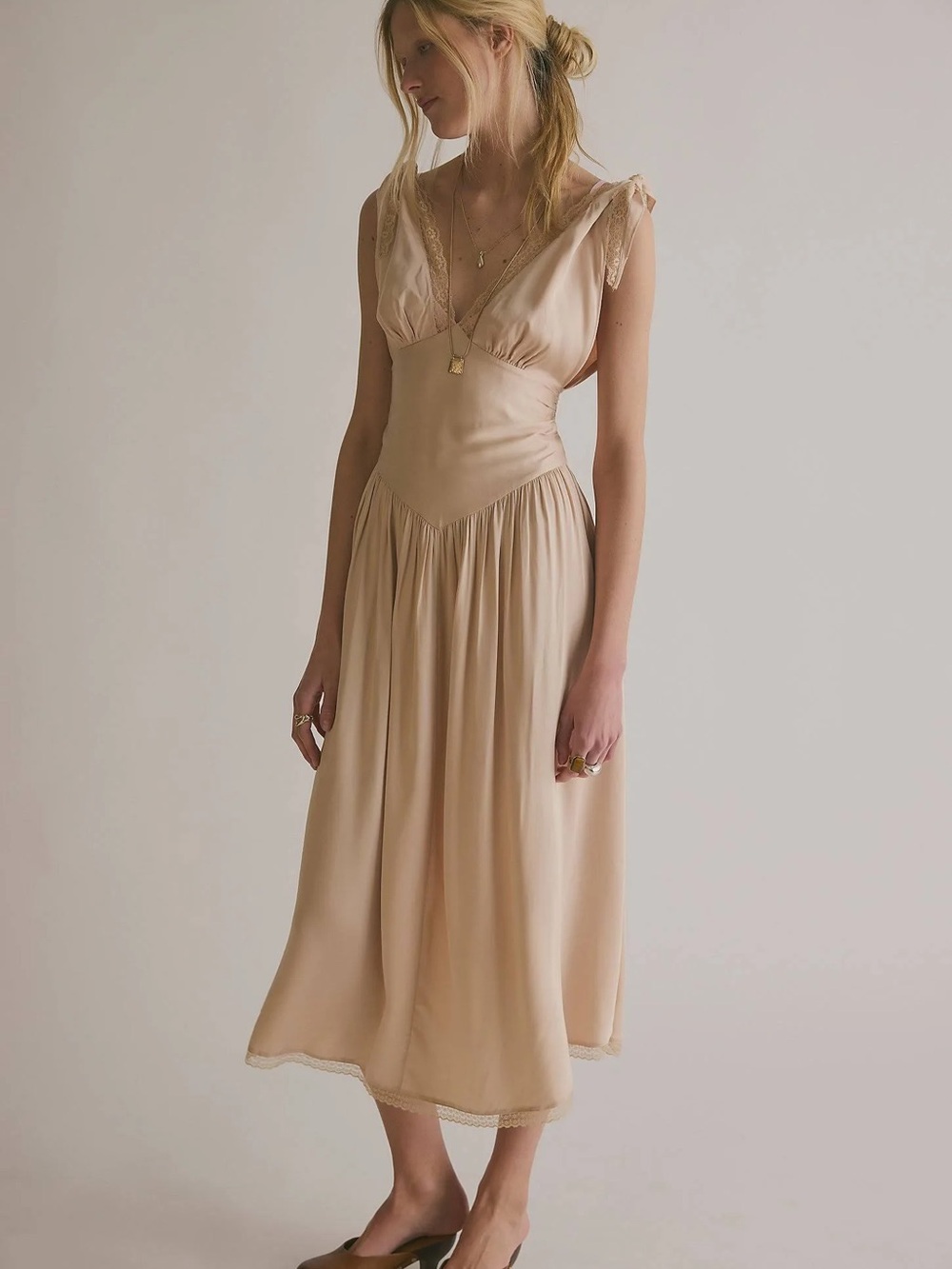 Free People Soft Cream V‑Neck Midi Phoenix Dress
